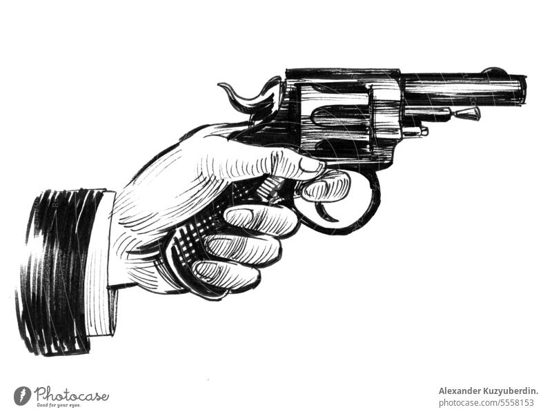 Hand with a revolver. Ink black and white drawing crime criminal danger firearm gun hand handgun illustration metal military pistol shot violence war weapon