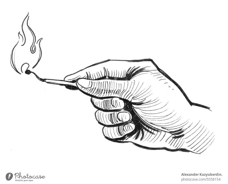 Hand holding burning match. Ink black and white drawing art background burned cartoon comic concept fire hand illustration isolated light object raster retro