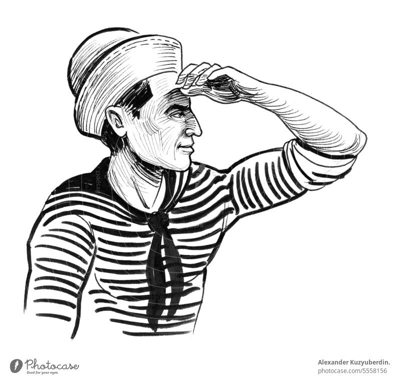 Sailor looking into the distance. Ink black and white drawing art captain character costume face graphic hat head illustration male man marine nautical navy