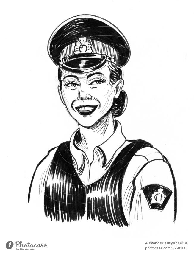 Canadian policewoman. Ink black and white illustration american art background beautiful cartoon character cop design drawing face female girl graphic isolated