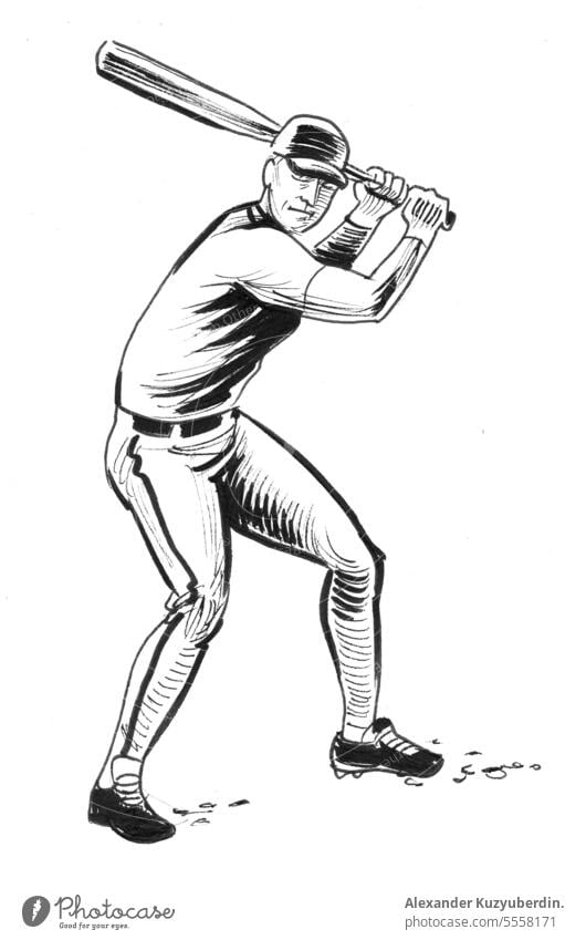 Retro baseball player. Ink black and white illustration action artistic artwork athlete batter cartoon drawing drawn game hand isolated league paper pencil