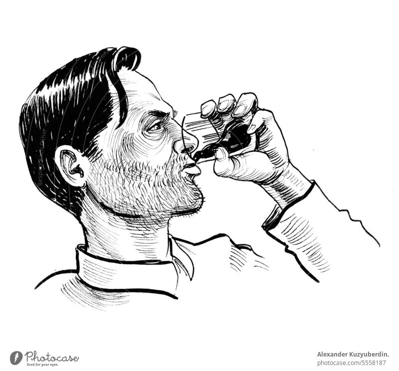 Alcoholic man drinking a shot of vodka. Ink black and white drawing abusing alcohol alcoholic alcoholism art artwork bar cartoon character drunkard glass