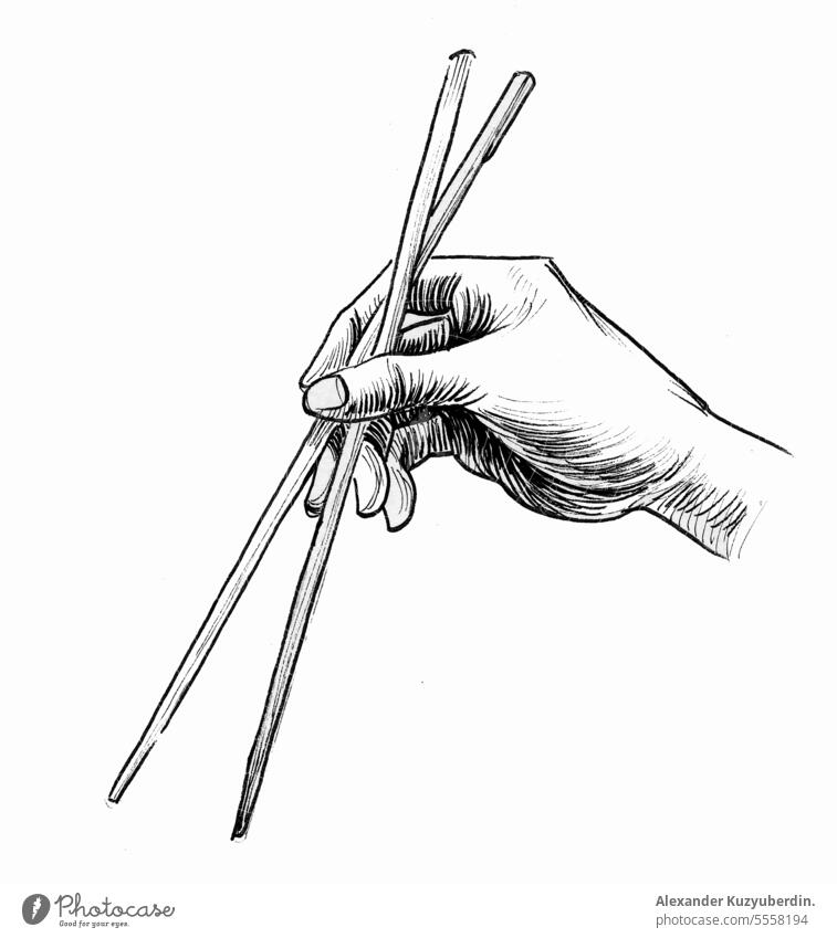 Hand with a chopsticks. Ink black and white drawing art asia asian background chinese cuisine culture design dinner eat equipment food hand hold illustration