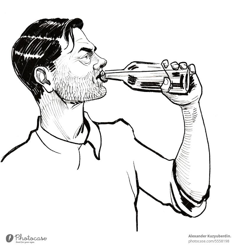Alcoholic man drinking a bottle of beer. Ink black and white drawing alcohol alcoholic alcoholic drinks alcoholism art bar beverage booze cartoon character