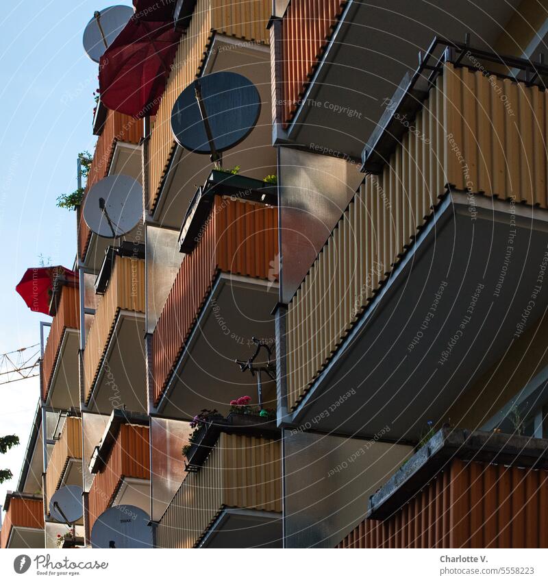 Balconies | House facade with balconies, sunshades and satellite dishes house facade parasols Satellite dishes Facade House (Residential Structure) Architecture
