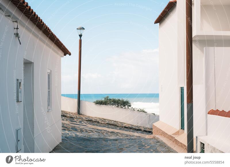 View of the sea horizon between two houses - central perspective coast Ocean Village White Blue Summer kind Idyll tranquillity relaxation off Incline
