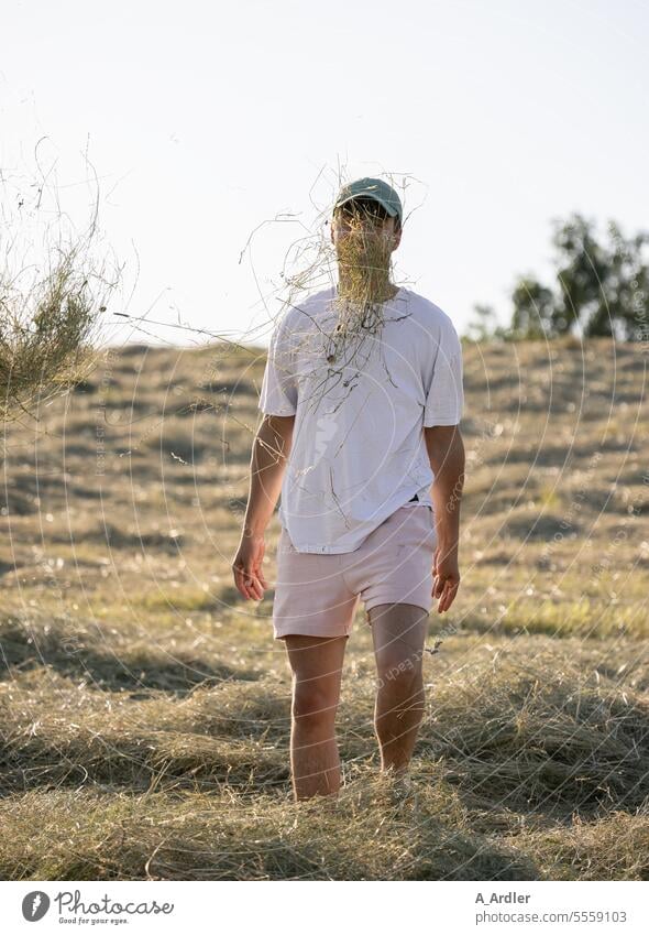 Young man in grass with straw covering his face Face Faceless Straw Hay Man middle-aged man in your face without face Back-light Sunlight evening mood
