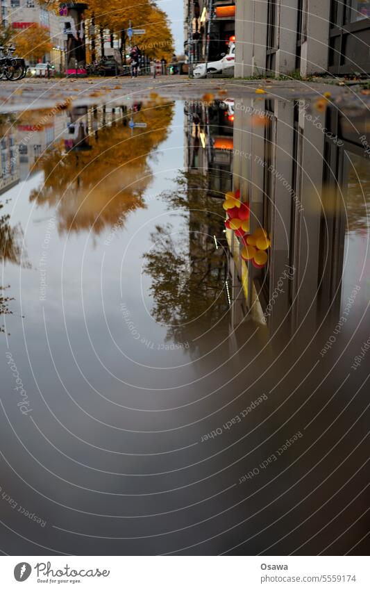 Puddle with balloons reflection Street Town Sidewalk Rain Reflection Wet Water Weather Bad weather Exterior shot Rainy weather Deserted Autumn Colour photo Damp