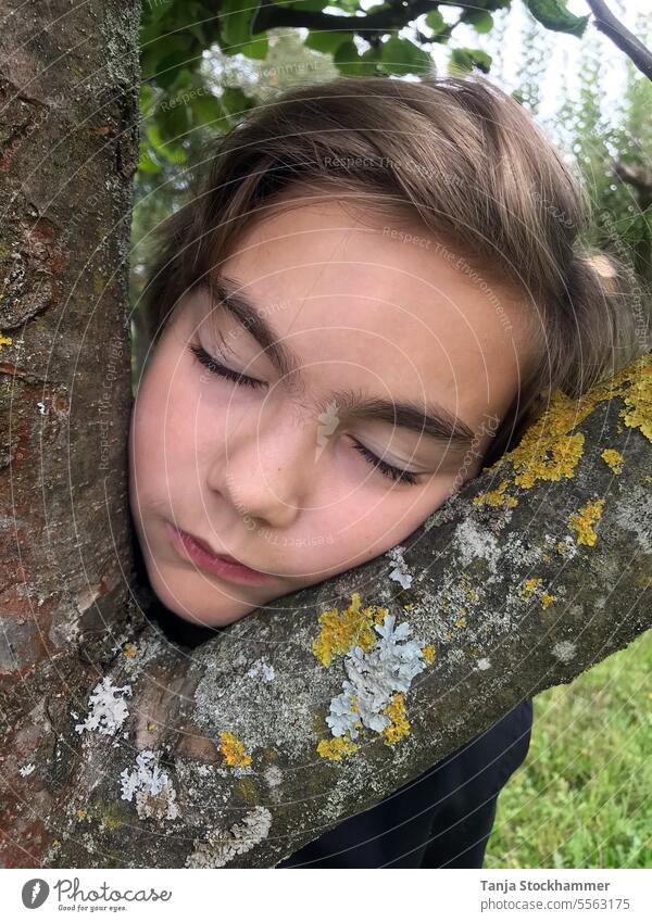 Boy with closed eyes in nature Boy (child) boy Closed eyes asleep Bedtime daydream portrait Nature Crutch Tree meditate relaxed