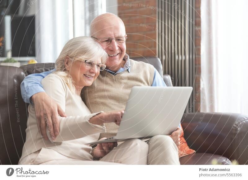Elderly couple surfing the Internet together Senior citizen Couple laptop superannuated Mature Technology Computer Looking Home free time Browse Sofa Interior