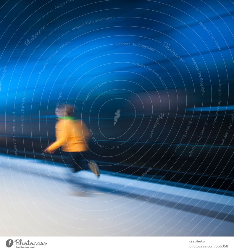 into the blue... Human being Body 1 Train station Movement Fitness Walking Jump Elegant Energy Blue Speed Line Colour photo Interior shot Copy Space right