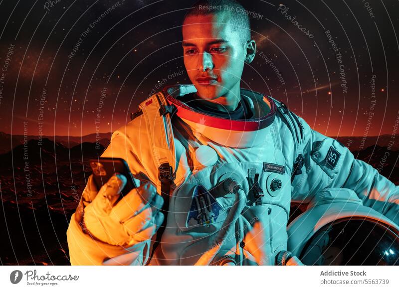 Astronaut in spacesuit holding helmet while browsing smartphone astronaut cosmonaut concept explore galaxy cosmos astronomy mission gadget planet character