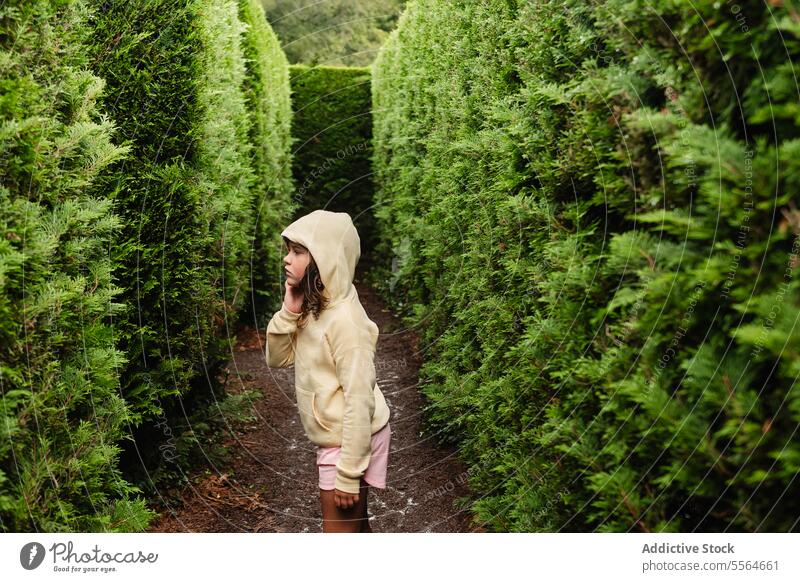 Preteen girl in hoodie standing near green trees kid coniferous park road pensive thoughtful countryside child preteen nature maze plant childhood roadway grow