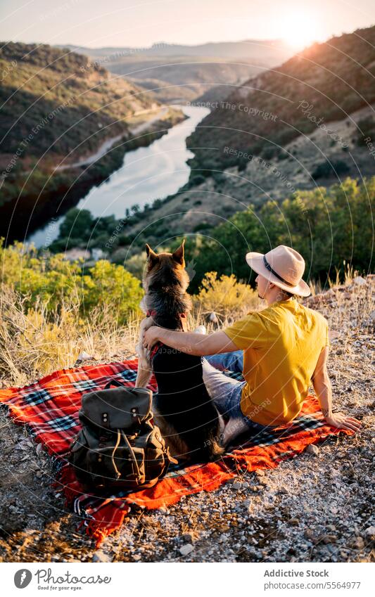 Unrecognizable traveler sitting on hill with dog man tourist pet mountain admire highland picturesque nature border collie animal scenery canine summer
