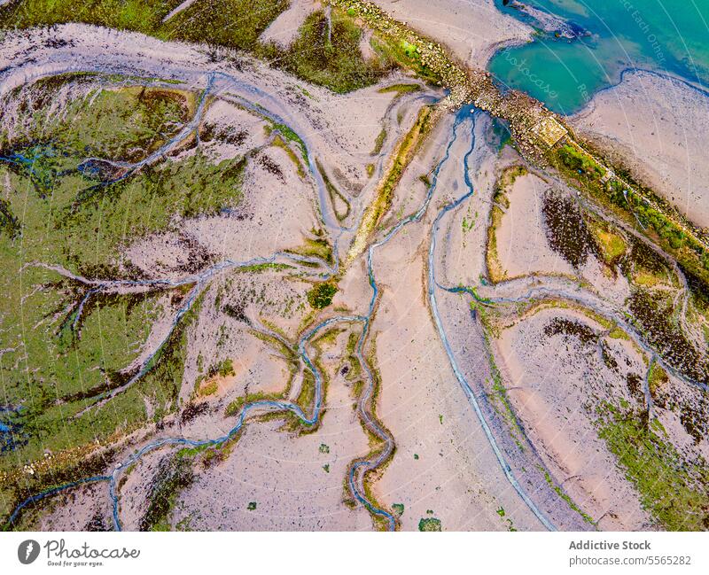 Aerial perspective of intricate marshland waterways aerial green vegetation drone landscape nature wetland terrain patch pattern river stream meander earth wild