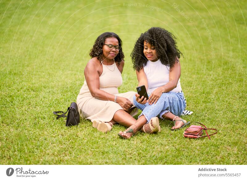 Friends Sharing Moments in the Park green nature black outdoors summer african grass women mobile phone park sunny day friendship relaxation sitting laughter