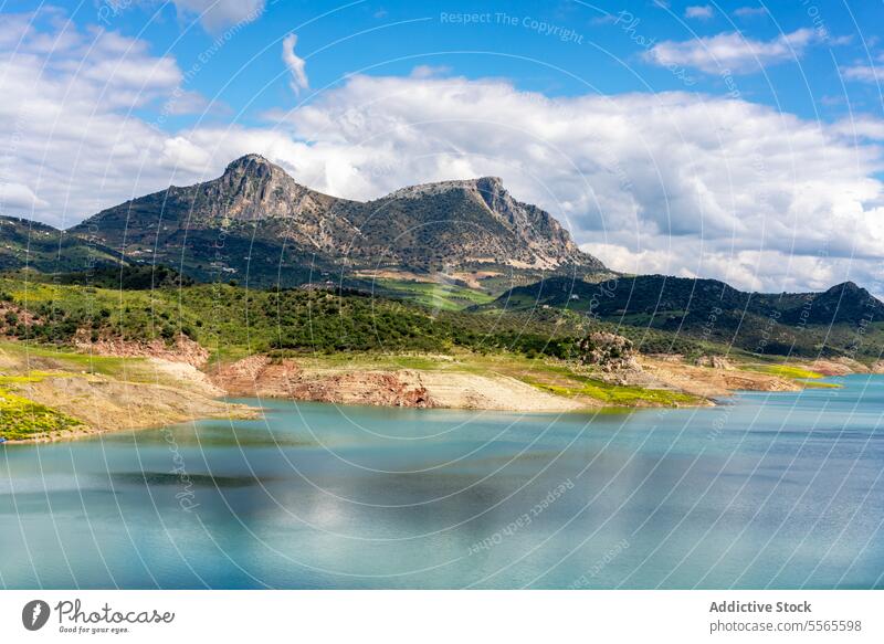 Picturesque view of mountain valley and lake in Zahara de la Sierra in Spain ridge landscape pond river water calm blue clear flora peaceful asturias spain