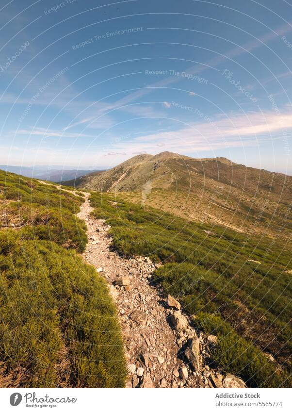 Rocky path in mountain under blue sky picturesque hill range landscape nature highland grass green scenery cloudy environment ridge slope formation peaceful