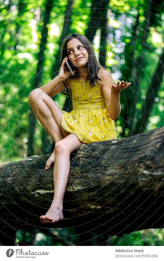 Preteen girl sitting on tree trunk while talking on mobile phone forest explorer break recreation nature adventure tranquil enjoy summer harmony holiday trip