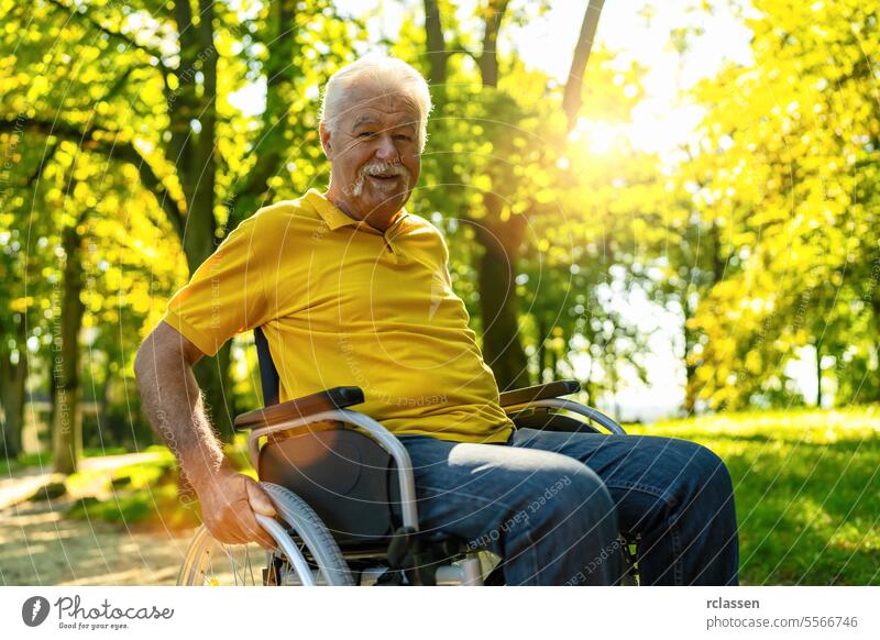 Happy senior handicapped man sit in wheelchair during walk in park, mature disabled old man grandfather in invalid carriage or wheel chair, elderly disability concept image