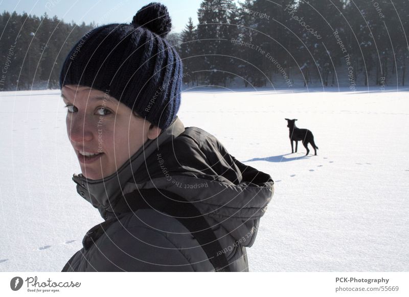 winter elfin Winter Leisure and hobbies In transit Hiking Woman Dog Snowscape Cold Ice Looking Eyes Face Sun Landscape rotary motion Beautiful weather Snapshot