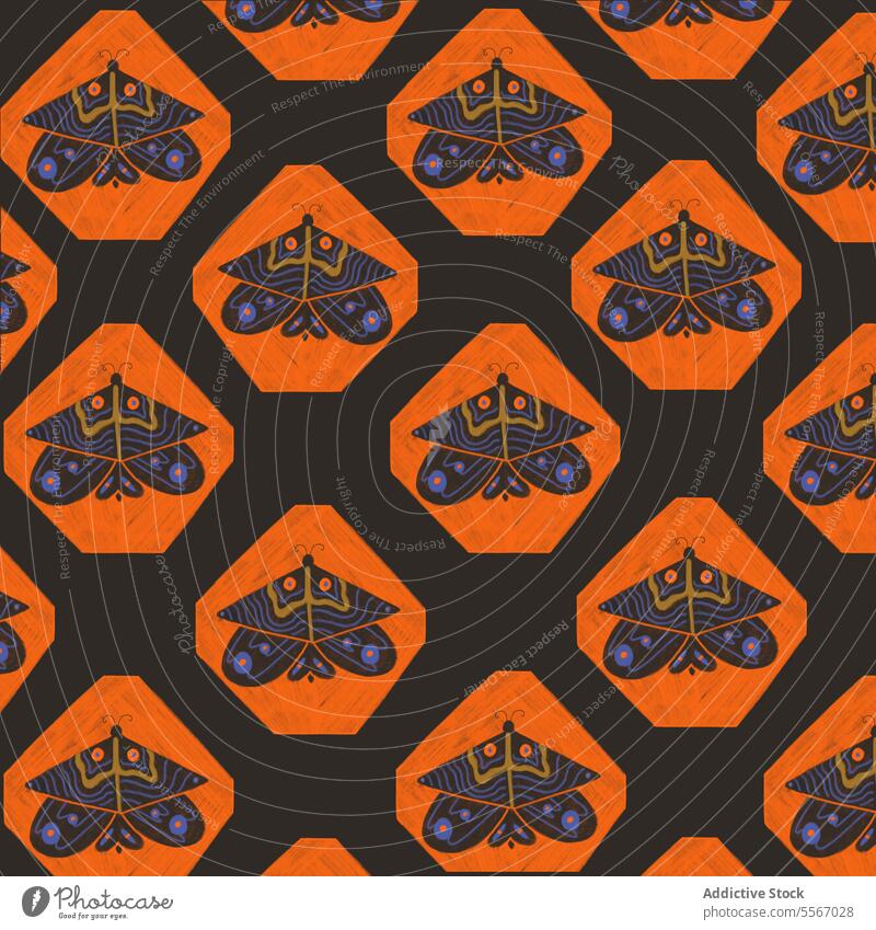 Seamless Neo Primitive Drawing Of Butterfly Illustration Orange Art Creative Shape Animal Black Background Design Insect Imagination Concept Symbol Artwork