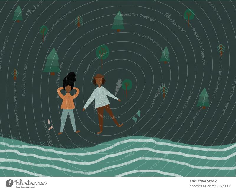 Illustration of Couple by Lakeside tree man woman couple lakeside water relax nature playful leisure shoreline rest wave forest chill together landscape love