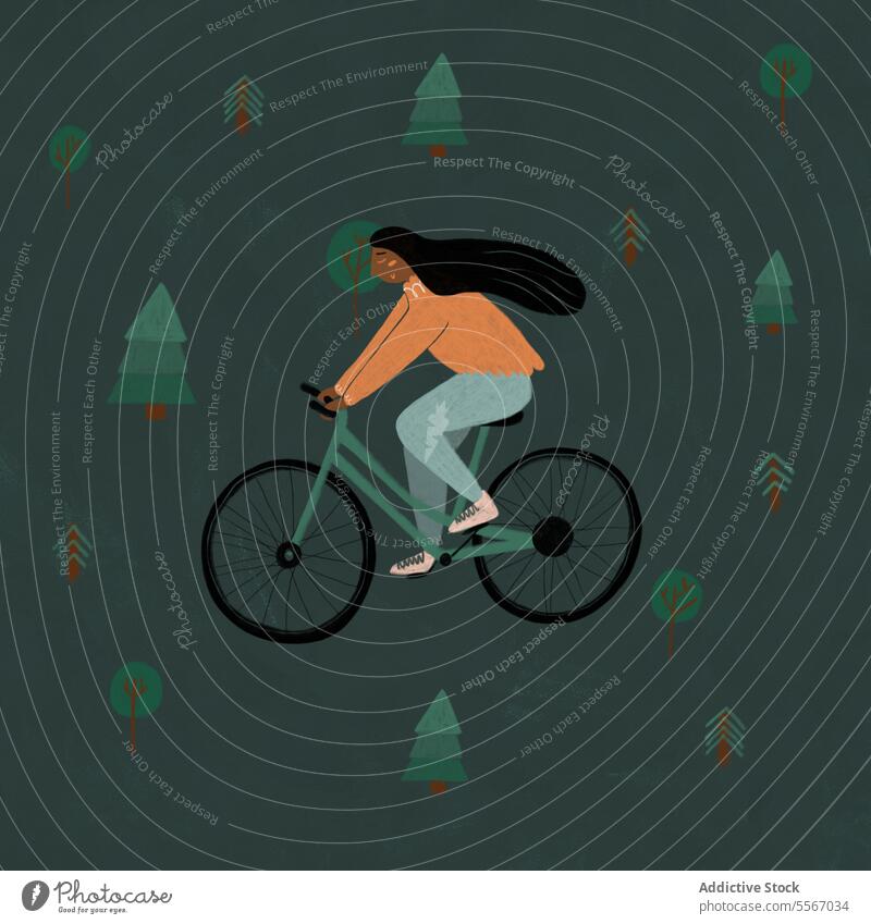 Illustration of Woman Cycling in Forest woman cycling bicycle pine tree flower green background ethnic long hair ride nature outdoor activity forest leisure