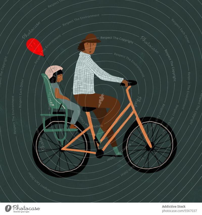 Man cycling with child and balloon man bicycle seat face ride pedal helmet illustration bike fashion father transport eco-friendly leisure journey travel street