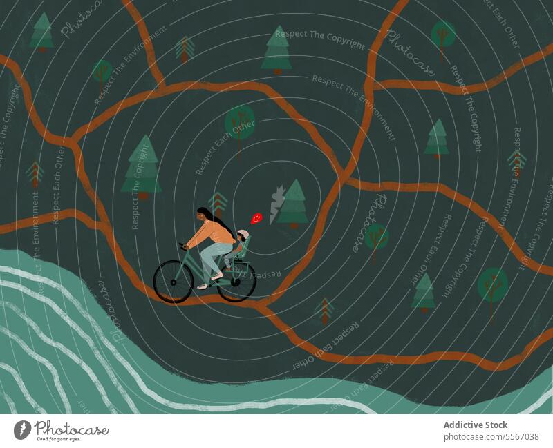 Man cycling with child and balloon in forest woman bicycle seat ride helmet illustration male bike fashion transport eco-friendly daughter leisure journey