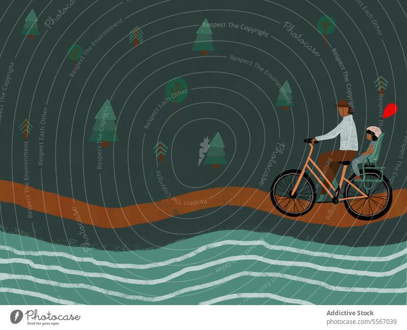 Man cycling with child and balloon in forest man bicycle road seat ride helmet illustration male bike transport eco-friendly daughter leisure journey travel