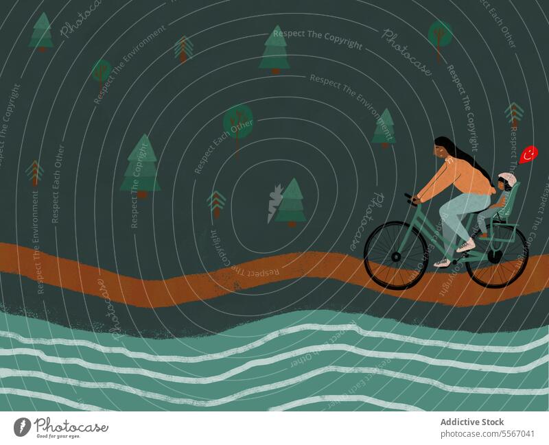 Man cycling with child and balloon in forest woman bicycle seat ride helmet illustration male bike fashion transport eco-friendly daughter leisure journey