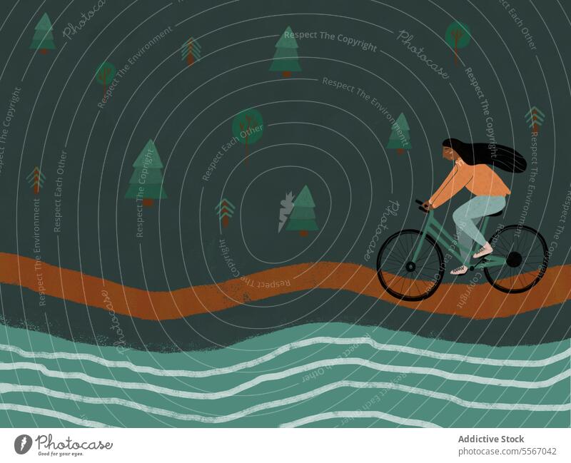Illustration of Woman Cycling in Forest near river woman cycling bicycle pine tree flower green road background ethnic shore long hair ride nature outdoor