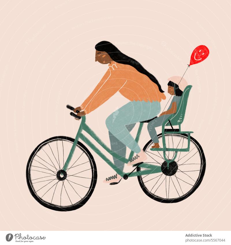 Woman cycling with child and balloon woman bicycle seat face ride pedal helmet illustration bike fashion mother transport eco-friendly leisure journey travel