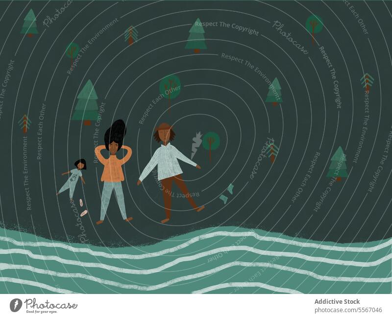 Illustration of three people by shoreline and trees woman child family hair walk nature water sea mother ocean coast rest green style illustration outdoors