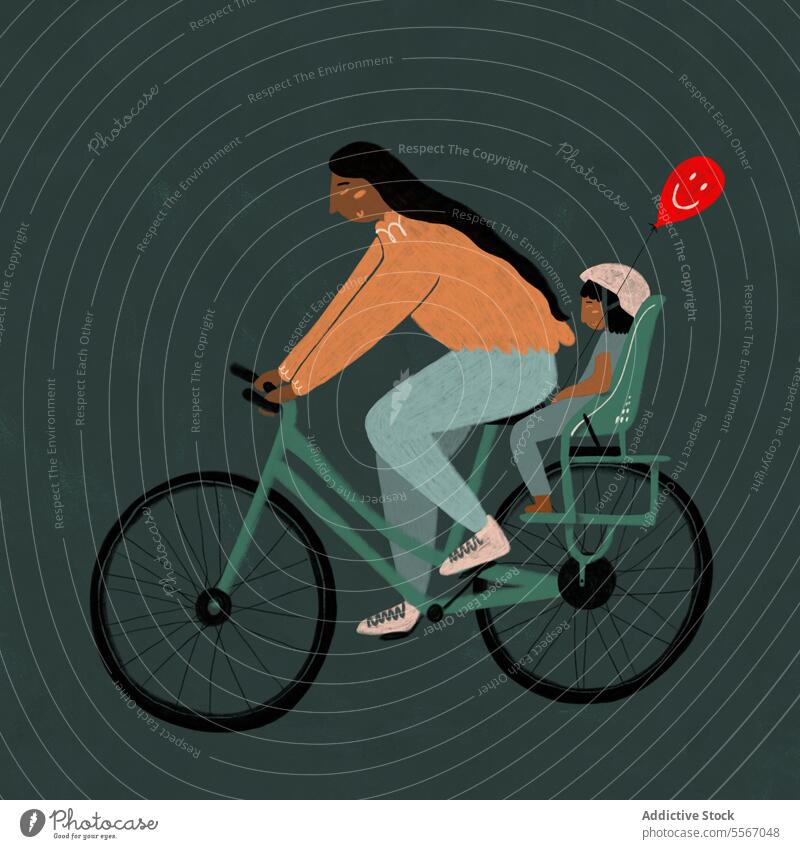 Woman cycling with child and balloon woman bicycle seat face ride pedal helmet illustration bike fashion mother transport eco-friendly leisure journey travel