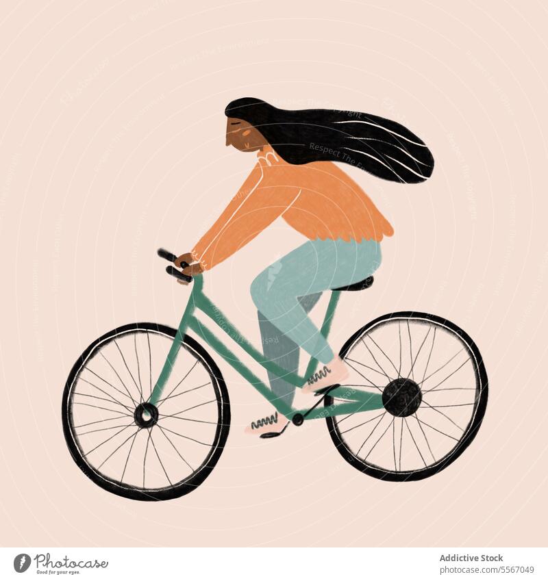 Woman cycling with flowing hair woman bicycle ride pedal long fashion urban transportation eco-friendly leisure journey travel street lifestyle outdoor activity