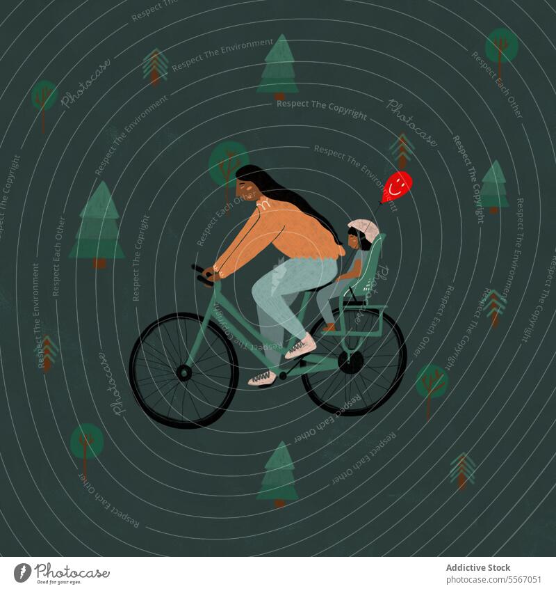 Woman cycling with child and balloon in forest woman bicycle seat ride mother helmet illustration bike fashion transport eco-friendly leisure mom female journey