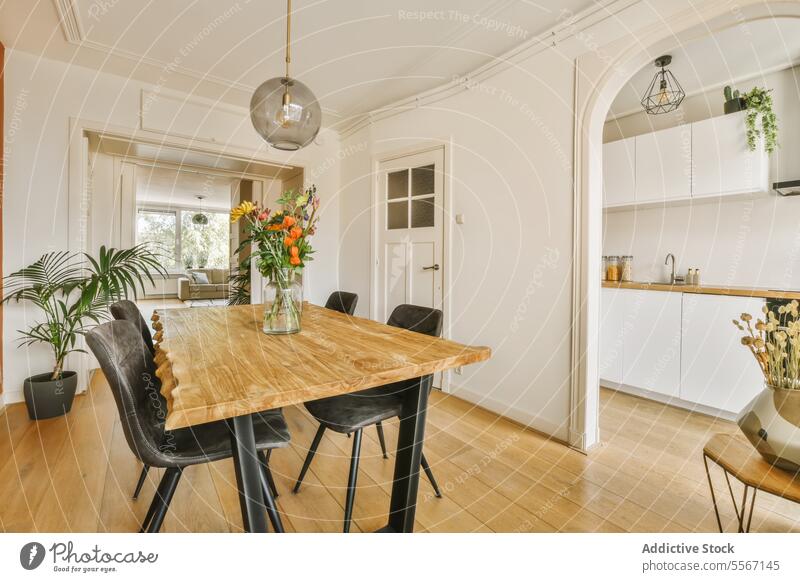 Dining room with wooden table and black chairs dining room furniture hanging flower vase arranged plant wall floor kitchen home house apartment empty decoration