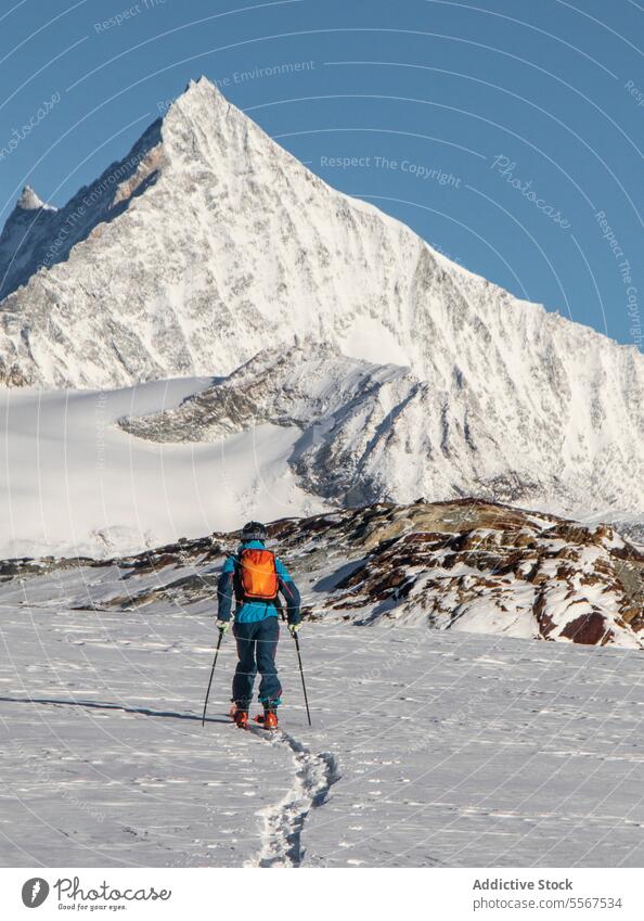 Person with ski poles on snowcapped mountain during vacation full body back view unrecognizable person walking covering sunny adventure day swiss alps hiking
