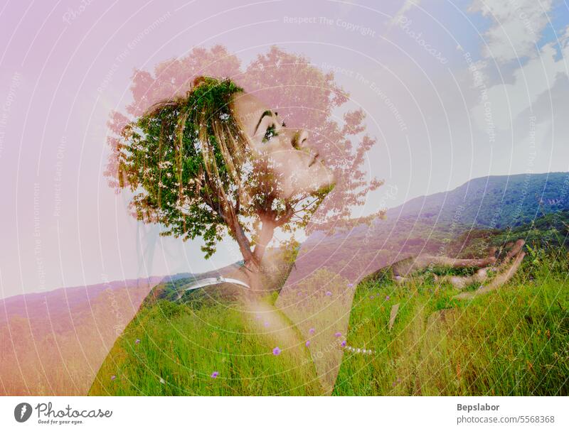 Double exposure tree girl dreaming plant vegetation grove field grass botany hoeing soil green biological italy valley green countryside