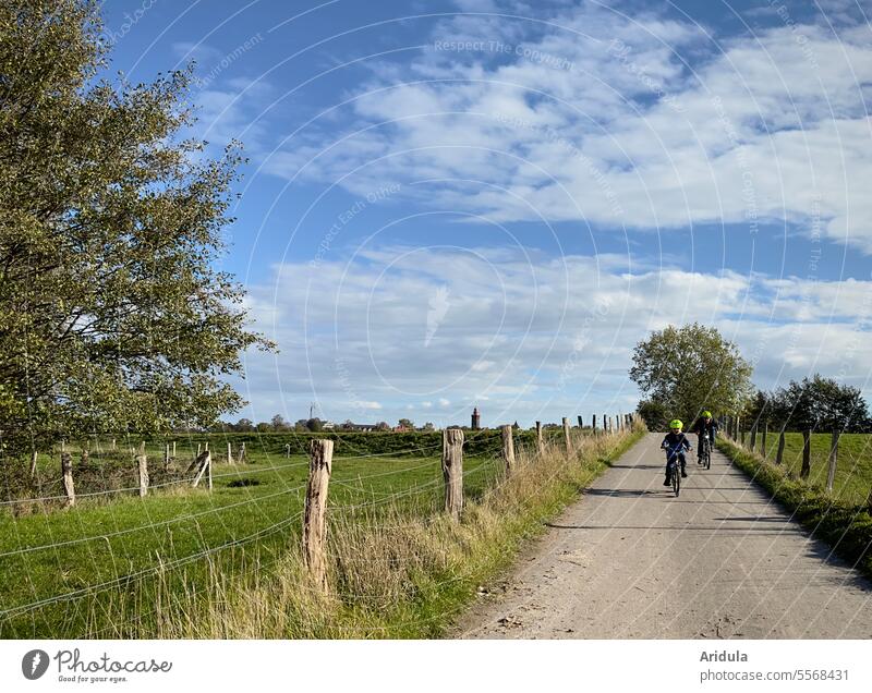 Cycling through Ostholstein Bicycle Cycling tour Landscape late summer Autumn off Fence Willow tree Sky Child Father Man Nature trees Meadow Forest Tree Grass