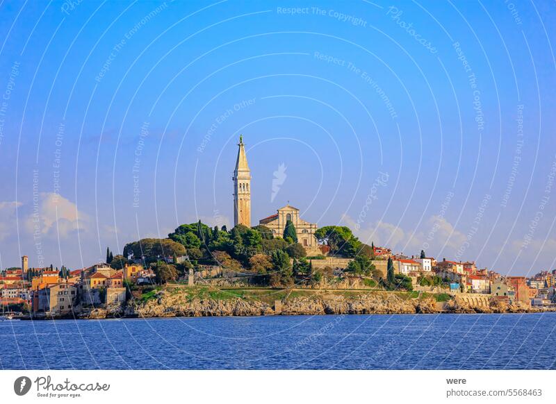 The old town of Rovinj with the church of St. Euphemia seen from the sea on a sunny day with blue sky Sea Water drip drowning historical humid ocean