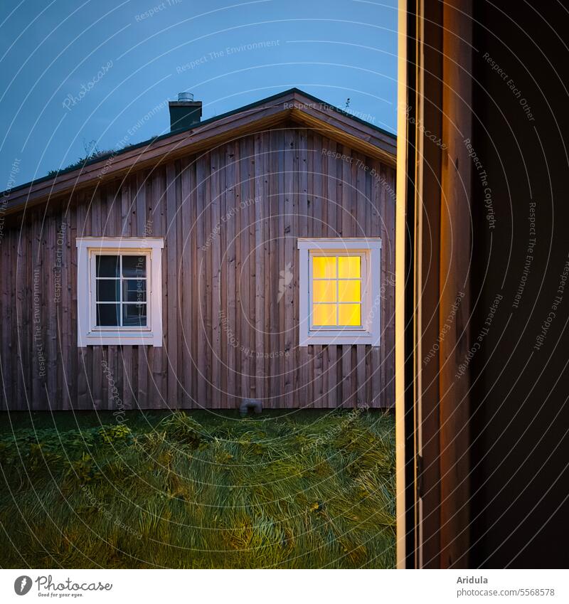 House with illuminated window in the evening House (Residential Structure) Window Light Evening Twilight Wooden house Cozy Wooden hut Hut Lattice window