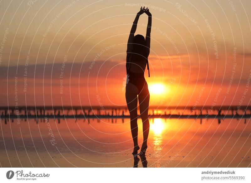 silhouette of a young slim woman in a swimsuit who dancing at sunset on the sea. summer holiday sky sunrise beach female ocean people water girl lifestyle