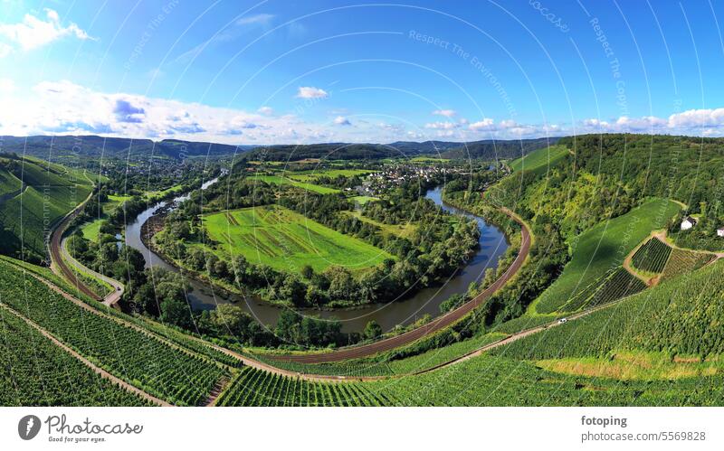 Wiltinger Saarbogen. The river winds through the valley and is surrounded by vineyards and green forests. Kanzem, Rhineland-Palatinate, Germany. Trip