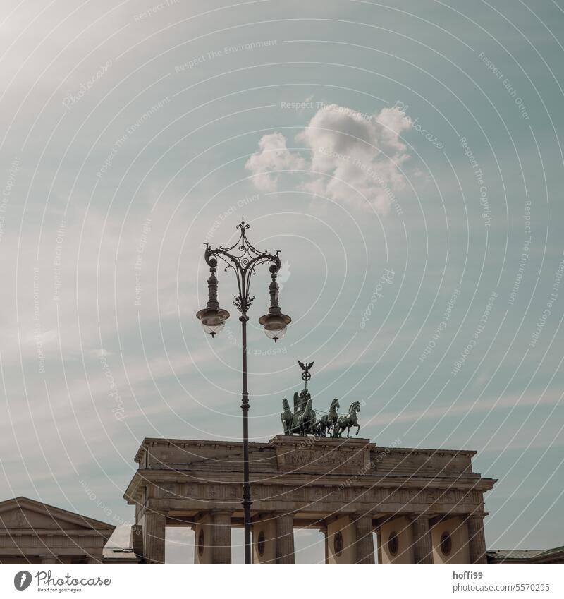 Street lighting with clouds over the Brandenburg Gate little cloud streetlamp Berlin Capital city Landmark Monument Tourist Attraction Tourism Goal Downtown