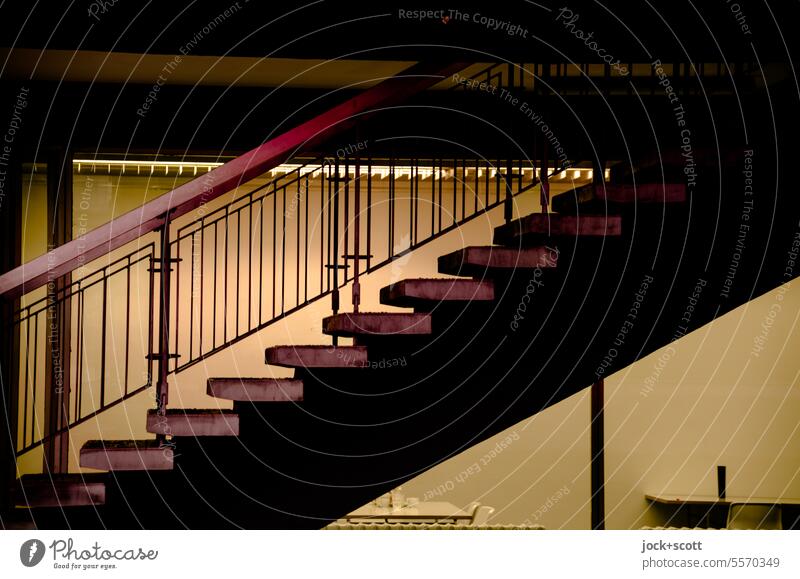 Stairs in the dark from another time Architecture Room Back-light Low-key Silhouette Lanes & trails Contrast Shadow Night Banister Neutral Background Symmetry
