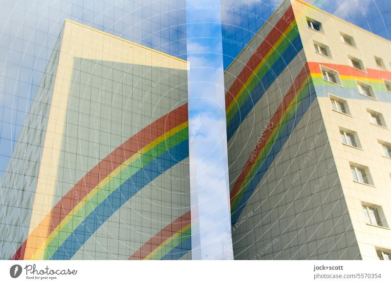 renovated prefabricated building with rainbow Prefab construction Architecture Double exposure Rainbow Abstract Facade Exceptional Experimental Reaction