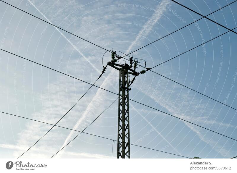 Cable mast and cable in front of the sky Cables Railroad lines Track railway line Sky Pattern Lines and shapes Structures and shapes Abstract Graphic